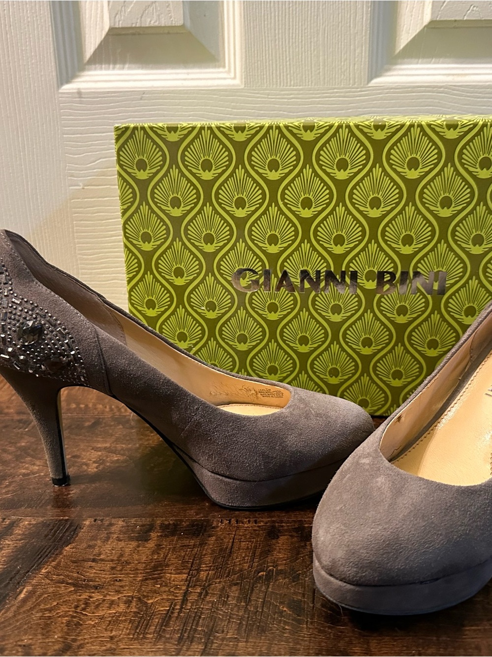 Gianni Bini Gray Suede Platform Heels with Crystal Accent